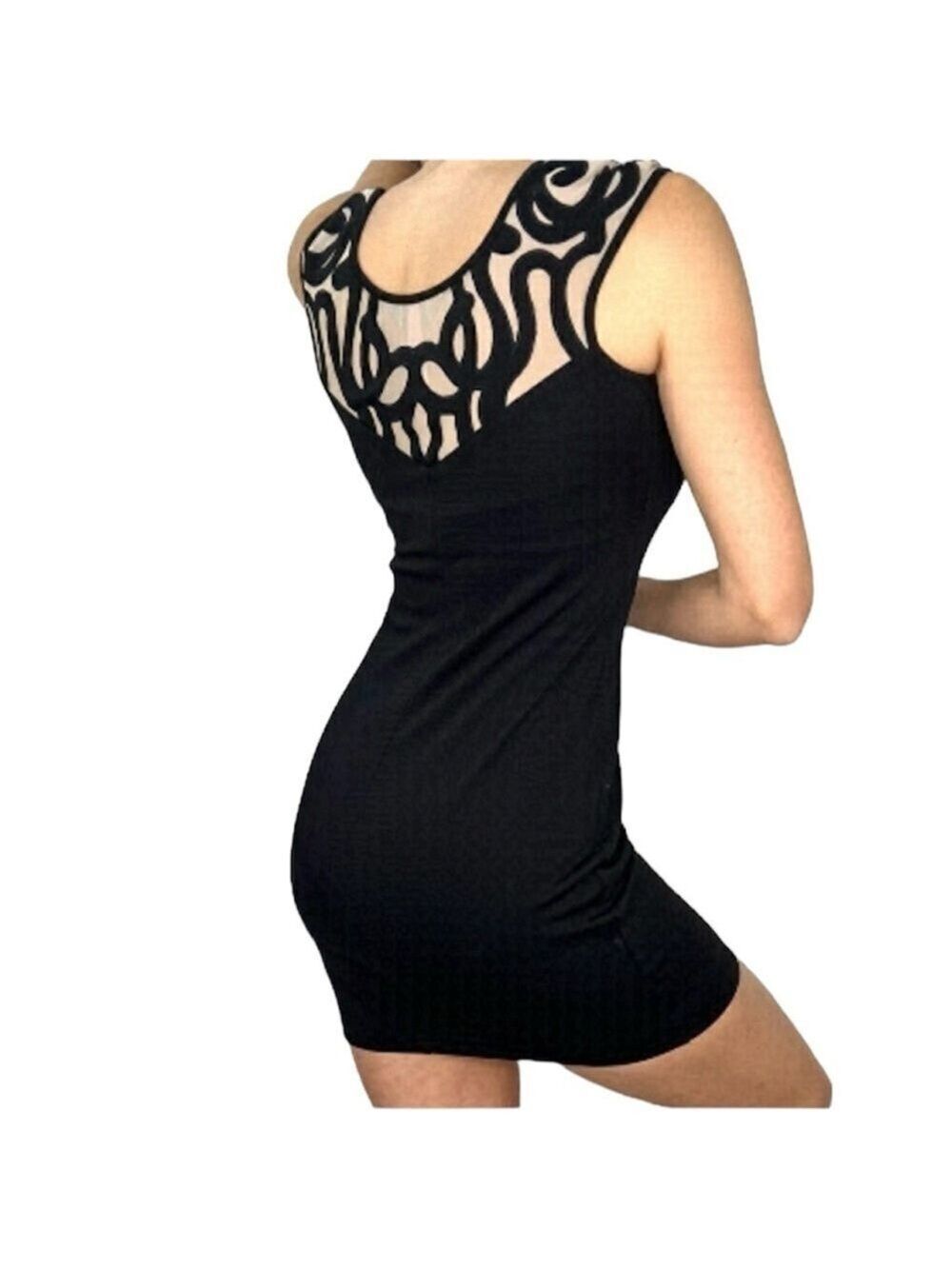 Lipsy London Black Y2K style Embroidered Illusion Neckline Body Con Dress 6